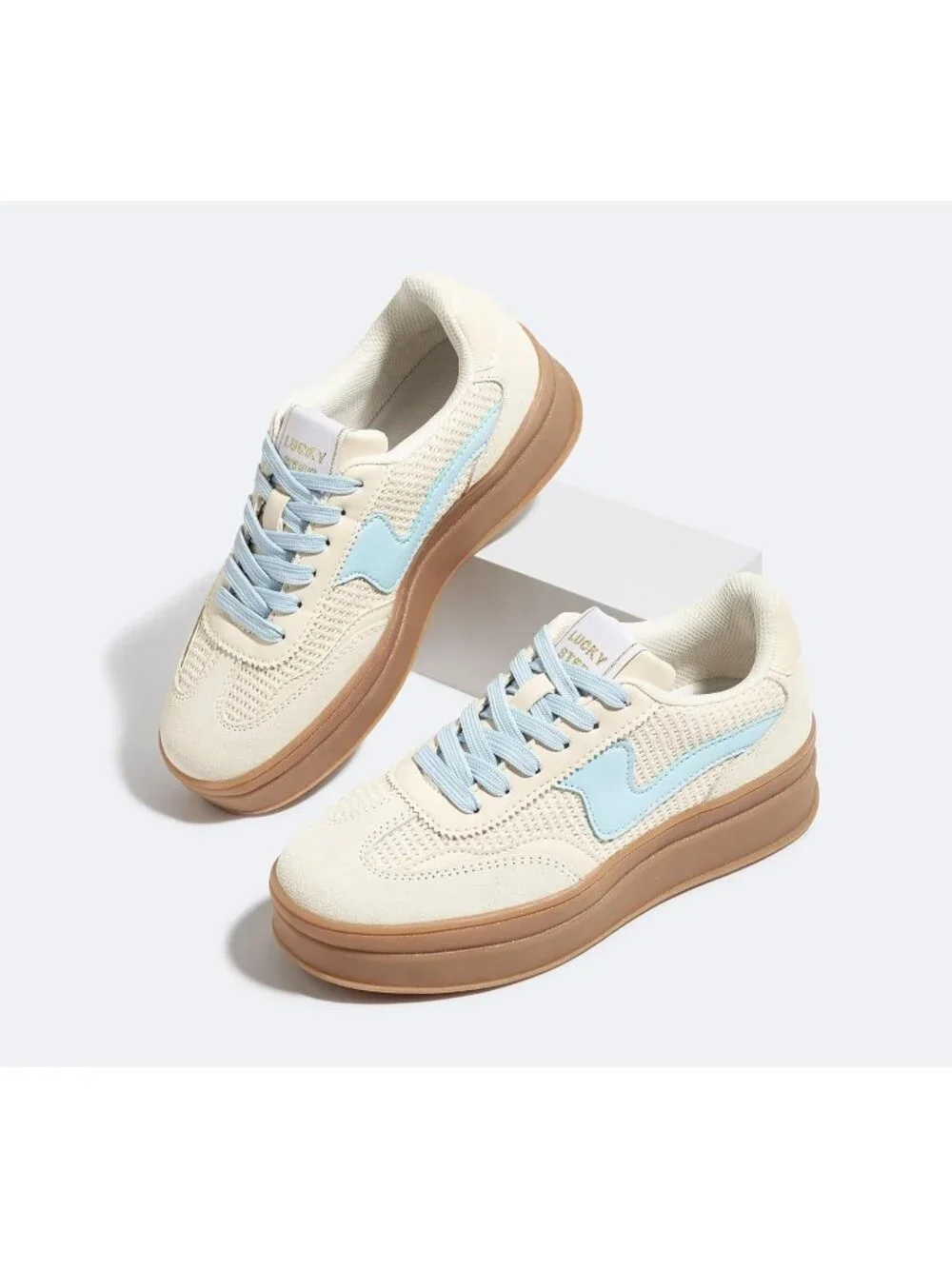 🆕Women's Beige Blue Platform Fashion Sneakers Thick Sole Casual Walking Shoes